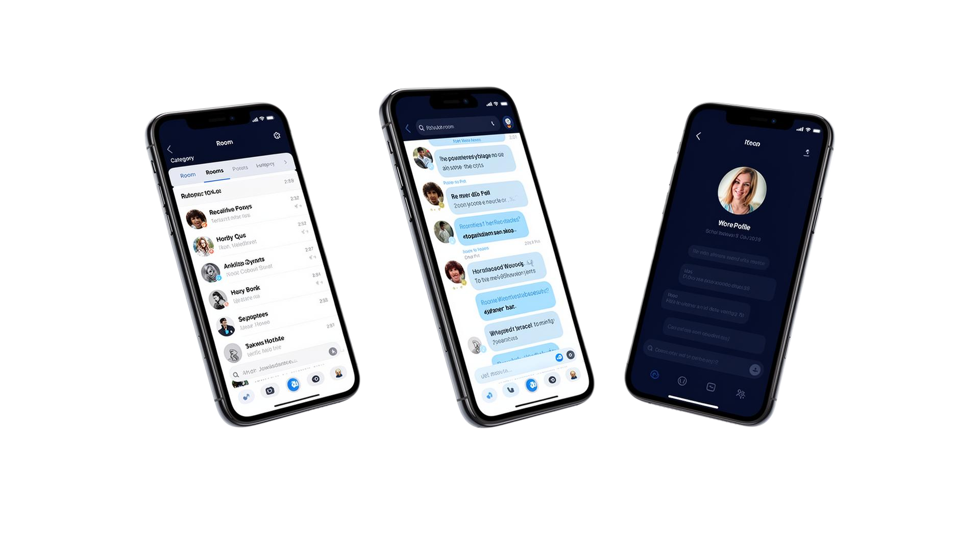 Rifelan app screens — room list, chat, profile